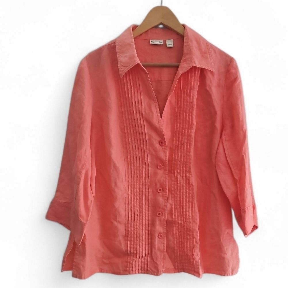 Kim Rogers Linen Pink Button Front Shirt Women’s Plus 1X Resort Cruisewear NWOT